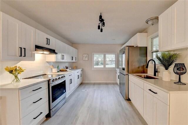 kitchen featuring light wood-style flooring, a sink, appliances with stainless steel finishes, under cabinet range hood, and decorative backsplash
