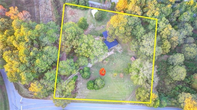 drone / aerial view featuring a view of trees