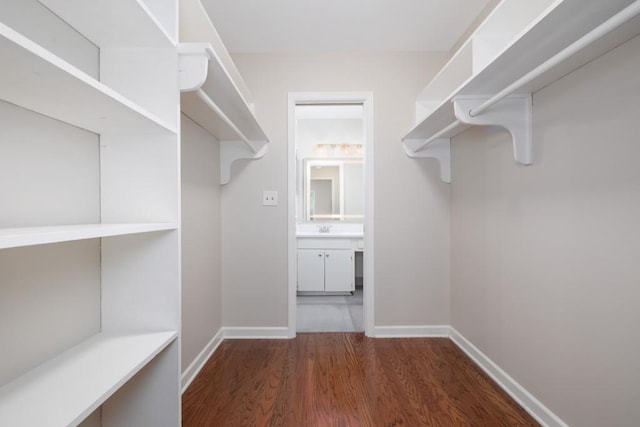 walk in closet with dark wood-type flooring and sink