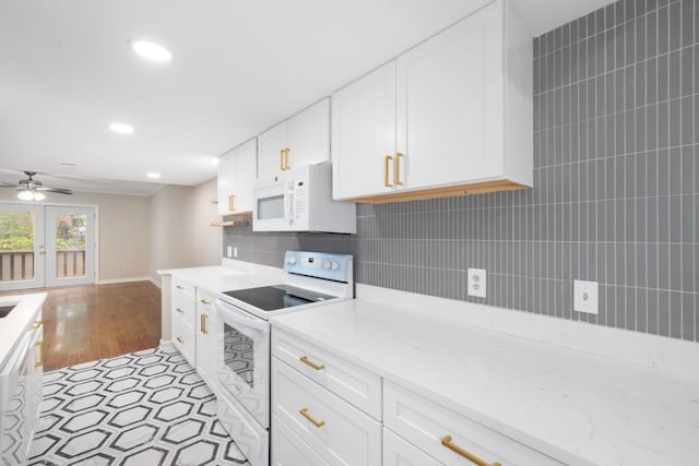 kitchen featuring ceiling fan, backsplash, white appliances, white cabinets, and french doors