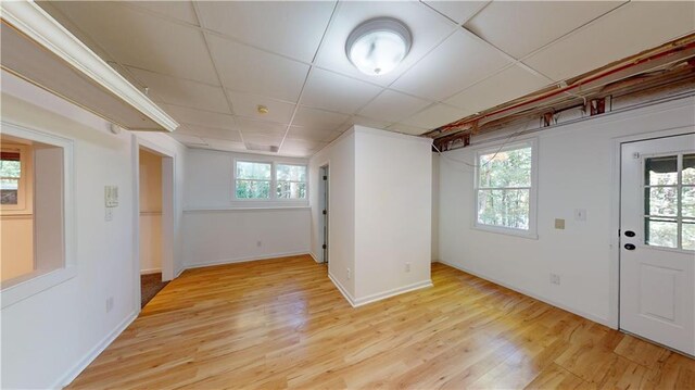 basement featuring a paneled ceiling, a healthy amount of sunlight, and light hardwood / wood-style flooring