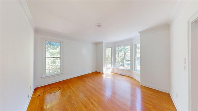 spare room featuring light hardwood / wood-style flooring, crown molding, and a wealth of natural light