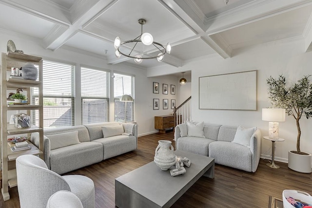living room featuring coffered ceiling, a chandelier, baseboards, beamed ceiling, and stairs