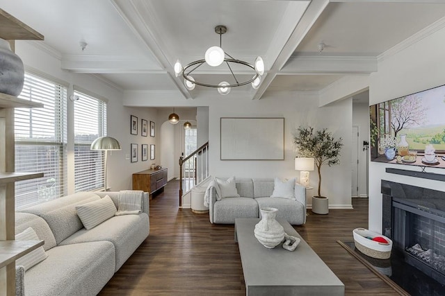living room featuring a chandelier, stairs, coffered ceiling, dark wood-style flooring, and beamed ceiling