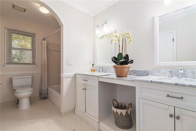 1402 Mclendon Dr, Decatur, GA 30033 - bathroom featuring double vanity, crown molding, shower / tub combo with curtain, and tile patterned floors