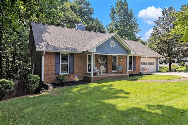 1402 Mclendon Dr, Decatur, GA 30033 - ranch-style home with covered porch, a garage, a chimney, brick siding, and a front yard