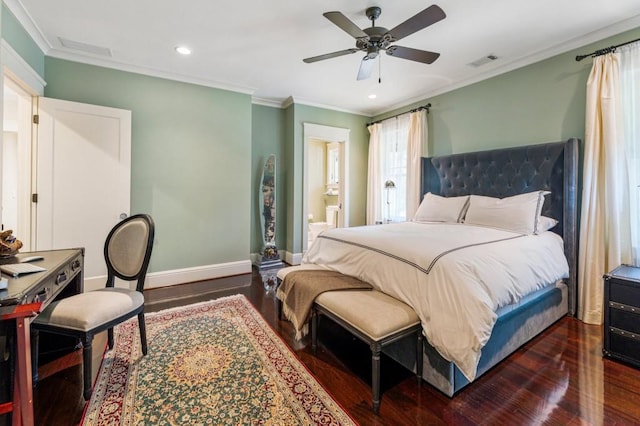 bedroom featuring baseboards, visible vents, dark wood-style flooring, crown molding, and recessed lighting