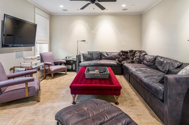 living room with recessed lighting, light colored carpet, crown molding, and ceiling fan