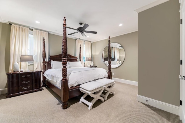 bedroom with light carpet, baseboards, crown molding, and recessed lighting