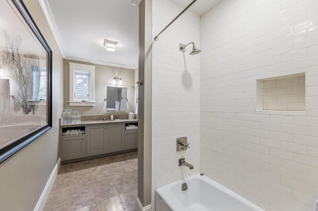 bathroom with baseboards, shower / tub combination, vanity, and crown molding