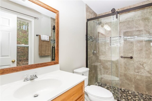 bathroom with toilet, vanity, and walk in shower