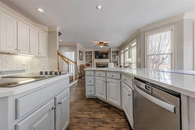 kitchen featuring crown molding, ceiling fan, dark wood finished floors, dishwasher, and a sink