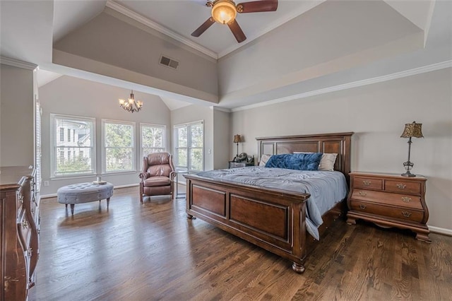 bedroom featuring baseboards, visible vents, dark wood finished floors, ornamental molding, and a notable chandelier