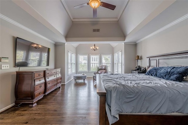 bedroom featuring dark wood-style floors, visible vents, crown molding, and vaulted ceiling