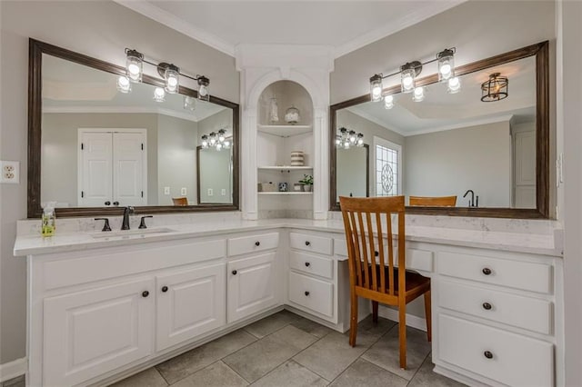 full bathroom featuring built in features, ornamental molding, and vanity