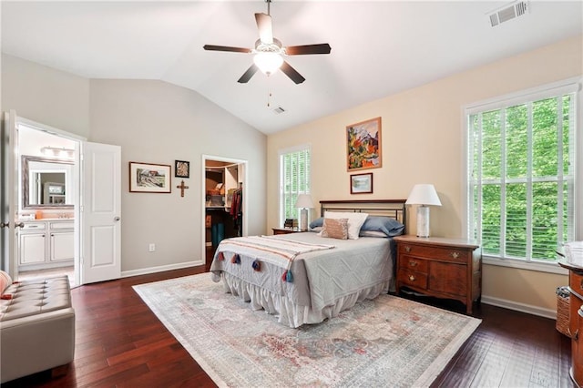 bedroom featuring multiple windows, a walk in closet, dark hardwood / wood-style floors, and vaulted ceiling