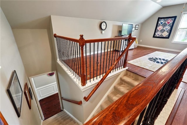 stairway with lofted ceiling and wood-type flooring