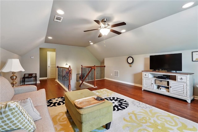 living room with vaulted ceiling, dark hardwood / wood-style floors, and ceiling fan