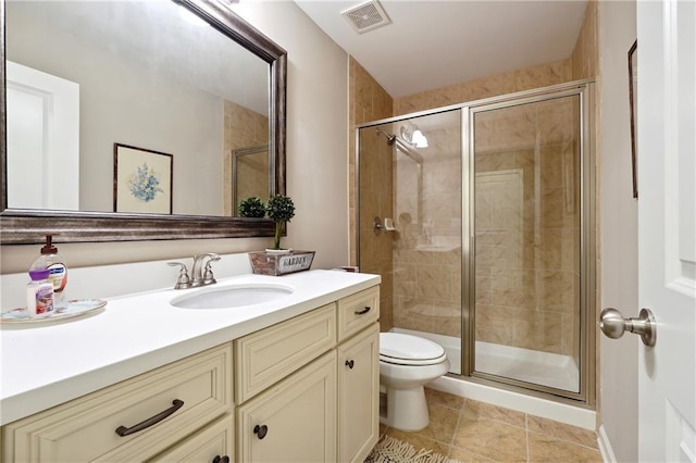 bathroom featuring vanity, an enclosed shower, tile patterned flooring, and toilet