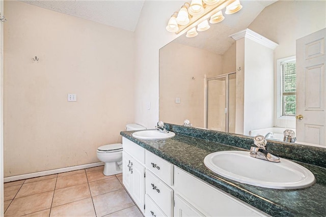 55 Ashland Farm Rd, Oxford, GA 30054 - bathroom with a shower stall, double vanity, a bath, tile patterned flooring, and vaulted ceiling