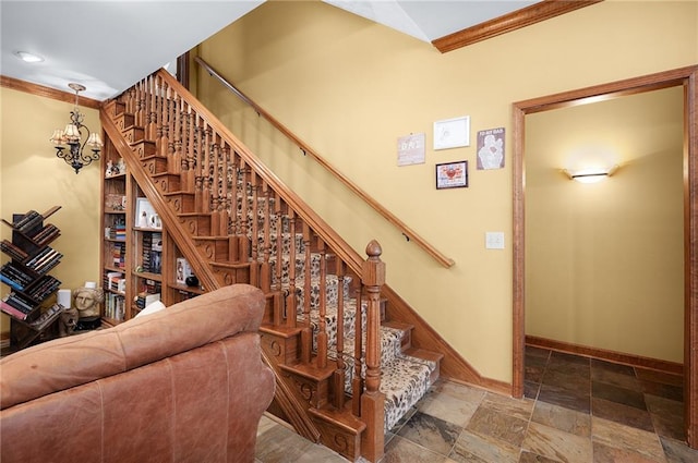 104 Aspen Dr NE, Calhoun, GA 30701 - staircase featuring crown molding, baseboards, and stone tile floors