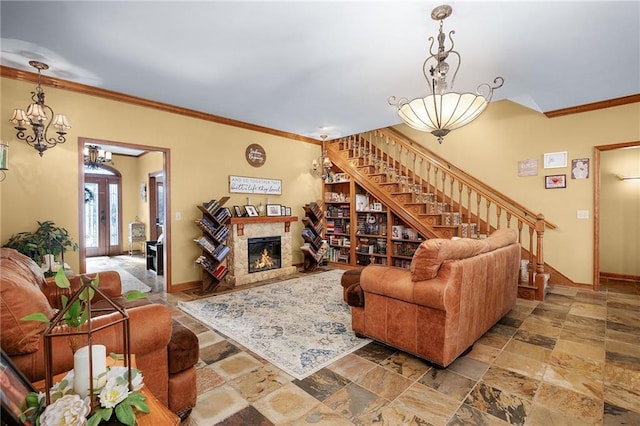 104 Aspen Dr NE, Calhoun, GA 30701 - living area with a chandelier, ornamental molding, stone tile floors, baseboards, and stairway