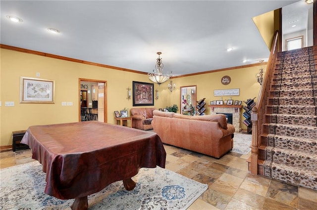 104 Aspen Dr NE, Calhoun, GA 30701 - playroom with light stone finish flooring, ornamental molding, billiards, a chandelier, and recessed lighting