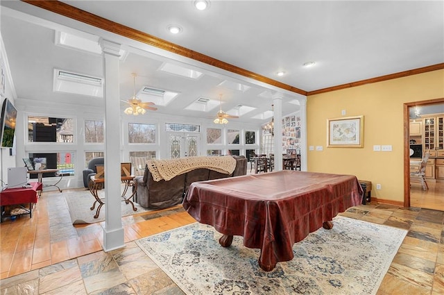 104 Aspen Dr NE, Calhoun, GA 30701 - rec room with a ceiling fan, crown molding, ornate columns, pool table, and stone tile flooring
