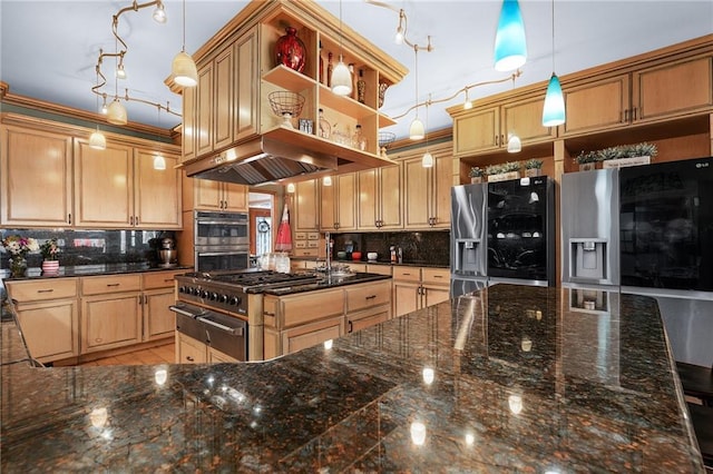 104 Aspen Dr NE, Calhoun, GA 30701 - kitchen with appliances with stainless steel finishes, a warming drawer, open shelves, backsplash, and ventilation hood