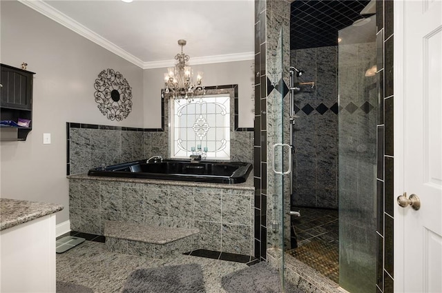 104 Aspen Dr NE, Calhoun, GA 30701 - bathroom featuring a chandelier, a garden tub, a shower stall, crown molding, and vanity