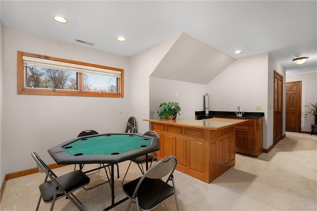 104 Aspen Dr NE, Calhoun, GA 30701 - rec room featuring light colored carpet, baseboards, recessed lighting, and a sink