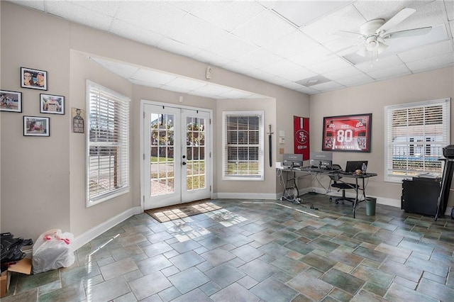 104 Aspen Dr NE, Calhoun, GA 30701 - office space with baseboards, french doors, ceiling fan, stone finish floors, and a paneled ceiling