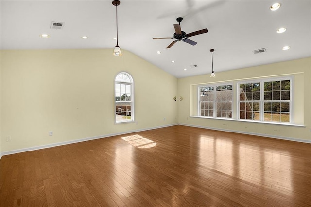 104 Aspen Dr NE, Calhoun, GA 30701 - empty room with a ceiling fan, vaulted ceiling, wood finished floors, baseboards, and recessed lighting