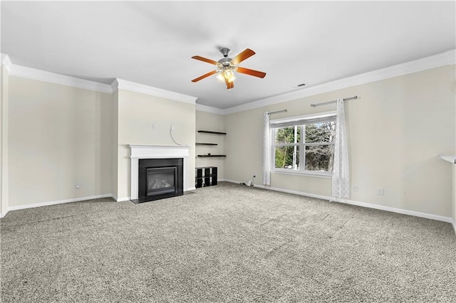 1566 Wilson Manor Cir, Lawrenceville, GA 30045 - unfurnished living room with a fireplace with flush hearth, carpet flooring, crown molding, and baseboards