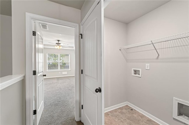 washroom with washer hookup, laundry area, carpet flooring, and baseboards