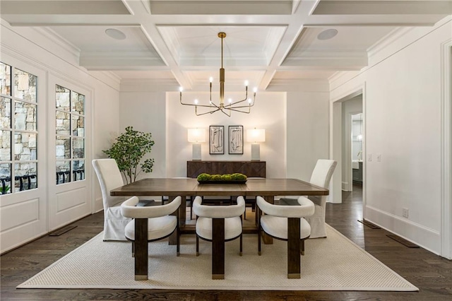 dining space with coffered ceiling, beamed ceiling, and dark hardwood / wood-style floors