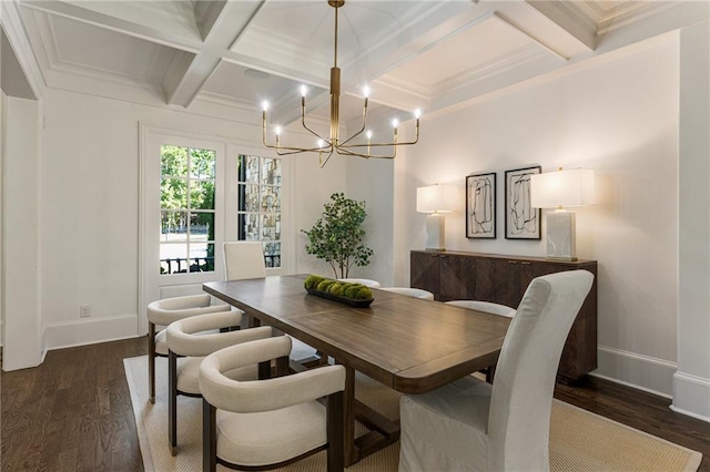 dining space with coffered ceiling, beamed ceiling, crown molding, an inviting chandelier, and dark hardwood / wood-style floors