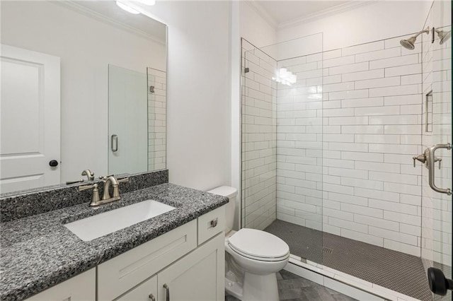 bathroom featuring vanity, toilet, crown molding, and walk in shower