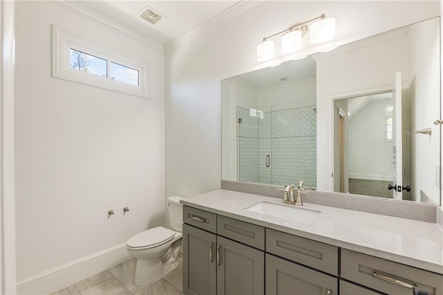 bathroom with an enclosed shower, toilet, tile patterned floors, vanity, and ornamental molding