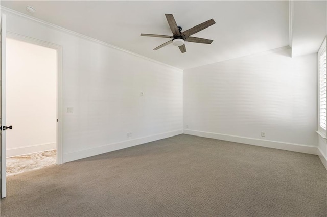 carpeted spare room featuring crown molding, ceiling fan, and a wealth of natural light