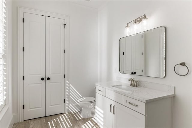 bathroom with vanity, hardwood / wood-style flooring, and toilet