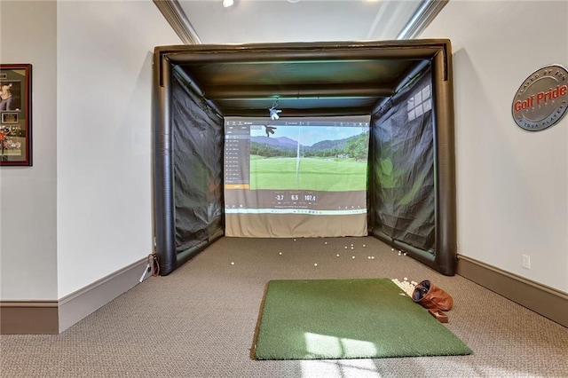 interior space with ornamental molding, carpet floors, and golf simulator