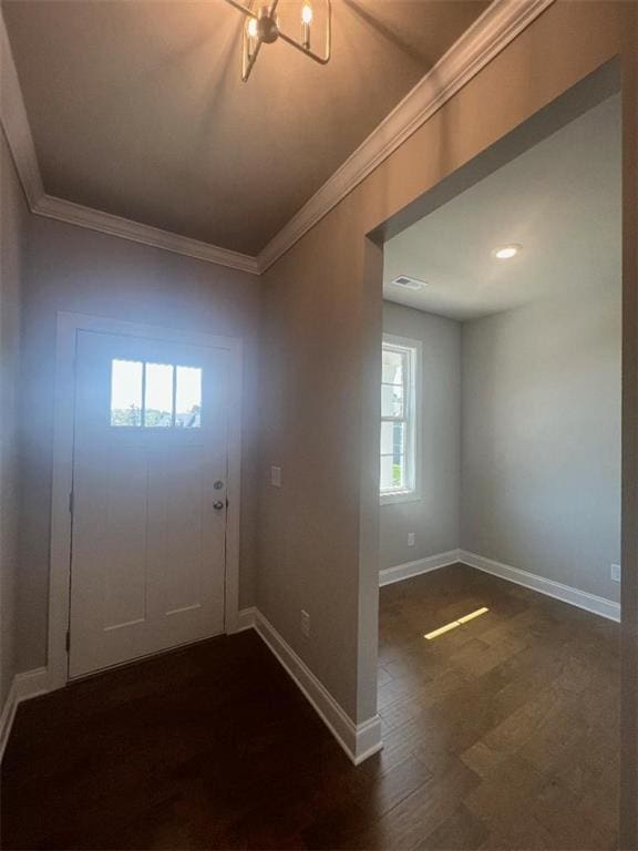 foyer featuring ornamental molding, dark hardwood / wood-style flooring, and a wealth of natural light