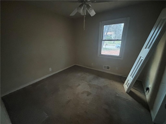 unfurnished room with visible vents, ceiling fan, and baseboards