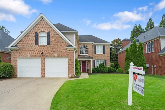 3032 Montclair Cir SE, Smyrna, GA 30080 - view of front of house featuring driveway, a front lawn, a garage, and brick siding