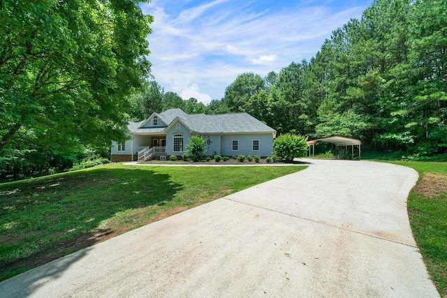 1460 Bakers Bridge Rd, Douglasville, GA 30134 - ranch-style home with concrete driveway, a detached carport, and a front lawn