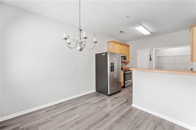 181 Ridgemont Rd, Canton, GA 30114 - kitchen featuring appliances with stainless steel finishes, a chandelier, light brown cabinets, light wood-type flooring, and baseboards