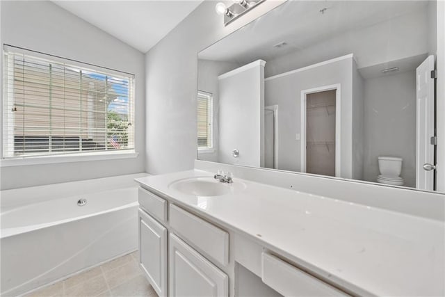 181 Ridgemont Rd, Canton, GA 30114 - full bathroom with a bath, vanity, vaulted ceiling, toilet, and a spacious closet