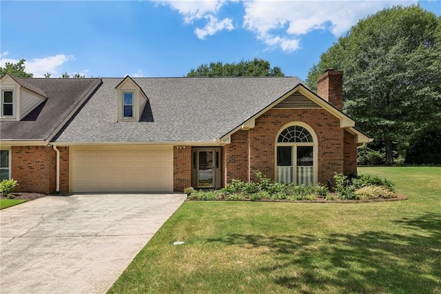 view of front of home with brick siding, roof with shingles, concrete driveway, an attached garage, and a front lawn