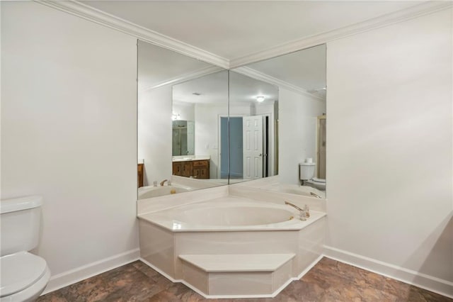 bathroom with a bath, vanity, toilet, and crown molding